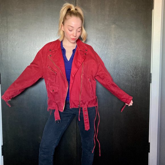 Free People Oversized Red Denim Moto Jacket Size M - Picture 2 of 14